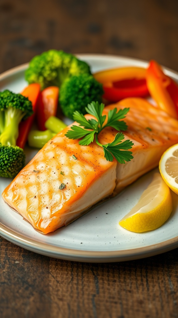 Air fryer salmon fillet served with mixed vegetables on a ceramic plate, garnished with parsley and lemon.